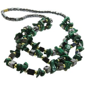 Vintage Goldtone Malachite Chips & Black Metallic Tube Beads 15" Choker Necklace